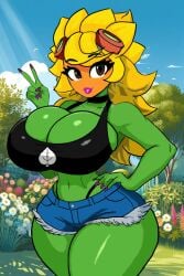 1girls 2d 2d_(artwork) 2d_artwork absurd_res ai-created ai-generated ai_generated anthro big_ass big_breasts bimbo bimbo_body bimbo_lips bitch black_bra black_eyes black_panties blue_sky cleavage cloud clouds crop_top curvaceous curvaceous_female curvaceous_figure curves curvy curvy_body curvy_female curvy_figure curvy_hips cute cute_face drawing female female_only garden green_background green_skin hand_on_hip hands-free hi_res highres hourglass_figure huge_ass huge_breasts humanoid jean_shorts outdoors panties peace_sign petals plant plant_girl plants_vs_zombies plants_vs_zombies:_heroes seductive slut solar_flare_(pvz) sunflower sunflower_(pvz) yellow_hair