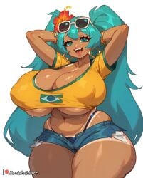 1girls absurd_res accessory ai_assisted ai_generated arms_behind_head arms_up ass ass_visible_through_thighs bent_over big_breasts blue_eyes blue_hair brazilian brazilian_female brazilian_miku breasts breasts_bigger_than_head busty chubby chubby_female curvaceous curvy curvy_figure dark-skinned_female dark_skin digital_media_(artwork) eyebrows eyelashes female female_focus female_only flower_in_hair glasses glasses_on_head hatsune_miku hi_res hourglass_figure jewelry latina looking_at_viewer motion_lines nipple_bulge nipples_visible_through_clothing partially_clothed plump rocksolidart slightly_chubby solo sweat sweatdrop sweaty tagme thick_thighs vocaloid voluptuous voluptuous_female wide_hips