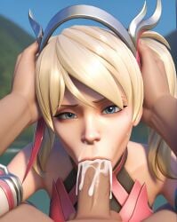 3d ai_generated alvoric blonde_hair blue_eyes clothed cum_in_mouth deepthroat fellatio holding_head mercy overwatch pink_mercy pov