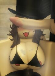 breasts brown_hair draaze exposed_nipples kneeling partially_clothed penis_on_face roblox rule_63 sauna semi_nude steamy tongue_out top_hat