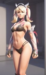 3d ai_generated alvoric bedroom_eyes blonde_hair blue_eyes clothed lustful_gaze mercy overwatch pink_mercy posing underwear