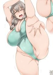 ass big_breasts bikini blush breasts breasts_bigger_than_head closed_eyes feline gigantic_breasts grey_hair huge_breasts large_breasts light-skinned_female light_skin long_hair massive_breasts mature mature_female milf open_mouth shy simple_background splits thick thick_ass thick_legs thick_thighs thighhighs thighs tongue tsukasawa_takamatsu uzaki-chan_wa_asobitai! uzaki_tsuki vertical_splits white_background