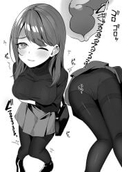 ass black_sweater breasts large_breasts menoria need_to_poop original original_character panties panties_under_pantyhose pantyhose purse scat skirt sweater turtleneck turtleneck_sweater