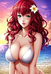 ai_generated beach bikini bikini_top breasts devola female female_only flower flower_in_hair green_eyes large_breasts nier:_automata nier_(series) nier_replicant pale-skinned_female red_hair smile sunrise upper_body wavy_hair