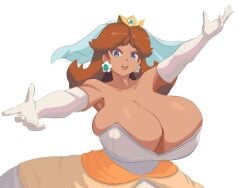 1girls breast_focus breasts_bigger_than_head dress huge_breasts hyper hyper_breasts looking_at_viewer mario_(series) massive_breasts princess_daisy rodgewp solo_female tagme tanned tanned_skin third-party_edit wedding_dress