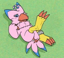 ambiguous_gender animal_genitalia anthro avian bandai_namco bird biyomon blue_eyes claws cloaca cloacal cloacal_penetration digimon digimon_(species) female genitals hi_res lying masurbation neck_tuft on_back p.v.su penetration pink_body red_claws solo tuft