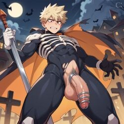 ai_generated big_balls big_penis cock_ring createai_art gay halloween katsuki_bakugou masturbation my_hero_academia only_male skeleton_costume solo yaoi