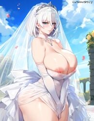 1girls ai_generated ass big_breasts blue_eyes breasts female female_focus female_only huge_ass huge_breasts large_breasts looking_at_viewer short_hair smiling smiling_at_viewer thick_thighs thighs tirpitz_(azur_lane) wedding_dress wedding_veil white_hair