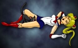 1animal 1girls artist_request bishoujo_senshi_sailor_moon blonde_hair breasts choker closed_eyes clothed clothed_female clothing cunnilingus double_bun feline female gloves human implied_cunnilingus long_hair luna_(sailor_moon) mouth_open on_back oral_sex sailor_moon skirt small_breasts tiara uniform usagi_tsukino zoophilia