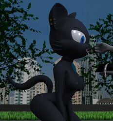 3d anthro black blue_eyes bowl breasts building collar cum cum_drinking cum_drip cum_dripping cum_in_mouth cum_string destiny destiny_blackmoon dripping ear_piercing feline fence fur furry grass kneeling nipples nude park piercing public tree whiskers wood