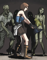 biohazard boots breasts brown_hair capcom clothing female firearm gun handgun human jill_valentine jill_valentine_(julia_voth) nude nude_zombie panties resident_evil resident_evil_3 resident_evil_remake short_hair skirt tubetop underwear usatarou weapon zombie zombie_girl