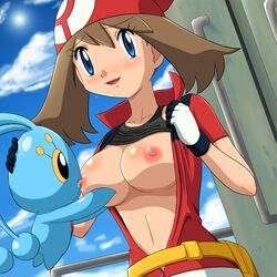 bag bandana belt blue_eyes blush body_blush breast_sucking breastfeeding breasts brown_hair female hat human lowres manaphy may_(pokemon) midriff nintendo nipples open_clothes open_shirt pokemoa pokemon pokemon_(anime) pokemon_(movie) pokemon_ranger_and_the_temple_of_the_sea pokephilia red_bandana shirt shirt_lift short_hair sky soara straight_hair