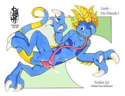 00s 1boy 2004 2_toes 3_fingers artist_logo behaviour_interactive blue_body blue_eyes blue_tail chameleon clawed_fingers claws copyright_name copyright_symbol cum cum_on_belly dated diphallia diphallism fennec_(artist) global_star_software long_tongue male male_only multi_penis penis scaler_(character) scaler_(video_game) scalie simple_background slit solo spiked_arms spiked_tail tagme tail text three_fingers tongue tongue_licking two_toes two_tone_body two_tone_scales two_tone_tail video_games yellow_spikes yellow_tail