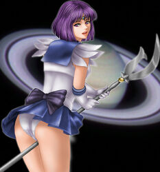 1girls bishoujo_senshi_sailor_moon bob_cut clothed elbow_gloves female female_only fully_clothed hotaru_tomoe human looking_back miniskirt panties pantyshot purple_eyes purple_hair sailor_saturn saturn_(planet) short_skirt silence_glaive skirt solo tagme tiara toten_(artist) upskirt weapon