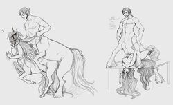 against_wall breasts centaur dirty_talk equine faun female hair_pull horn male open_mouth rape rough_sex shape_shift size_play sketch taur tear unicorn unicorn_taur unifawn