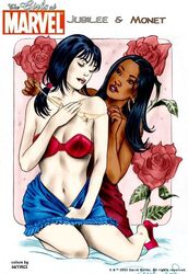 2003 2girls asian black_hair dark-skinned_female dark_skin david_boller female female_only generation_x hoop_earrings interracial jubilation_lee jubilee marvel monet_st._croix multiple_girls navel nitro straight_hair x-men yuri