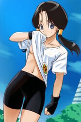 2d accidental_exposure areola areolae bike_shorts black_hair blue_eyes breasts cameltoe casual casual_nudity dragon_ball dragon_ball_z female female_only fingerless_gloves fully_clothed gloves haruyama human latex navel no_bra no_penetration no_sex shirt_lift skin_tight solo solo_female straight_hair sweat tied_hair tomboy twintails underboob videl videl_(long_hair)