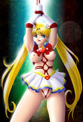 bishoujo_senshi_sailor_moon blonde_hair blue_eyes bondage breasts censored clothing earrings female highres jewelry onoe sailor_moon skirt small_breasts super_sailor_moon tied_hair twintails usagi_tsukino