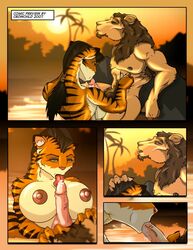 2007 anthro biceps big_breasts breasts crowchild desert feline fellatio female fur furry lion male mohawk muscles oral oral_sex paizuri palm_tree pecs penis precum saliva sex straight sunset tiger toned uncut