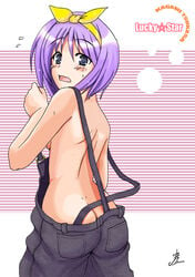 ass_cleavage butt_crack dimples_of_venus female female_only human lucky_star naked_overalls no_bra no_panties overalls purple_hair solo strap_slip sweat tsukasa_hiiragi yasakani_an