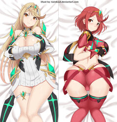 2girls ahoge ass ass_cleavage bare_shoulders blonde_hair blush breast_grab breasts butt_crack circlet cleavage dakimakura deep_skin dress fingerless_gloves from_behind gloves kainkout large_breasts long_hair looking_at_viewer looking_back multiple_girls mythra nintendo orange_eyes pyra red_eyes red_hair scarf shiny shiny_clothes shiny_hair shiny_skin short_hair short_shorts shorts sideboob smile thigh_strap thighhighs very_long_hair xenoblade_(series) xenoblade_chronicles_2