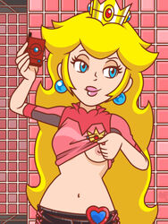 1girls 2018 alternate_costume alternate_legwear alternate_version_at_source alternate_version_available artist_signature background bare_midriff blonde_hair blue_eyes breast_conscious breast_focus breasts color colored colored_background crown detailed_background digital_media_(artwork) earrings exhibitionism exhibitionist exposed_breasts exposing female female_focus female_only flashing forelocks half-closed_eyes hourglass_figure human jewelry leather_pants lips locker_room long_hair looking_to_the_side mario_(series) medium_breasts midriff mirror_selfie mischievous mouth navel nintendo nipples no_bra official_style one_breast_out partially_visible_nipples patreon_reward pink_lips plump_lips presenting_breasts princess princess_peach ragnar_oktopod raised_eyebrow selfie shiny_clothes shirt_lift short_sleeves showing_off smirk solo solo_female solo_focus super_princess_peach tight_clothing tile_floor tile_wall video_games