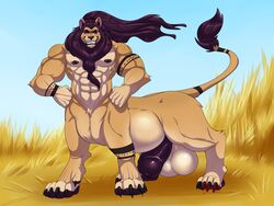 2018 4_toes 5_fingers abs balls biceps big_balls big_penis black_hair black_nose digitigrade erection feline fur gloves_(marking) grin hair hands_on_hips huge_balls huge_cock humanoid_penis hungothenomster koning lion lion_taur long_hair male male_only mammal mane markings multicolored_fur multicolored_skin muscular muscular_male nipple_piercing nipples nude penis piercing pose purple_eyes purple_hair sharp_teeth smile socks_(marking) solo standing tan_fur tan_skin tattoo taur teeth toes two_tone_fur two_tone_skin white_fur white_skin