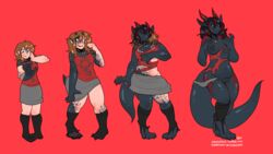 2017 anthro bedroom_eyes black_hair blue_eyes breasts brown_hair clothed clothing collar dragon embarrassed female growth hair half-closed_eyes hhazard horn human human_to_anthro legwear lost_clothes mammal navel nipples pigeon_toed pussy red_background red_eyes seductive sequence shirt simple_background skirt slightly_chubby smile socks solo standing tail_growth torn_clothing transformation