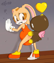 alternate_version_at_source anal anal_sex anthro ass bent_over blush chao_(sonic) chocola_the_chao clothing cream_the_rabbit cub cum cum_in_ass cum_inflation cum_inside cumflation dark_skin dress duo excito eyelashes female flying footwear gloves heart inflation lagomorph male mammal penetration pussy rabbit sex shoes sonic_(series) standing stomach_bulge straight tears young