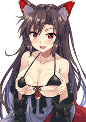 :d animal_ears areolae black_bikini_top blush breasts brooch brown_hair collarbone commentary_request cum cum_on_body cum_on_breasts cum_on_upper_body dress e.o. eyebrows_visible_through_hair female grabbing grabbing_own_breast highres jewelry kagerou_imaizumi large_areolae large_breasts long_hair long_sleeves looking_at_viewer micro_bikini_top multicolored multicolored_clothes multicolored_dress oerba_yun_fang open_mouth red_dress red_eyes simple_background smile solo touhou upper_body very_long_hair white_background white_dress wide_sleeves wolf_ears