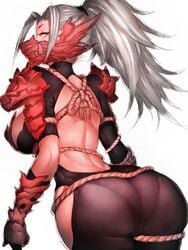 1girls ass bare_back breasts commentary_request female female_only fumio_(rsqkr) huge_ass large_breasts leaning_forward long_hair looking_at_viewer looking_back mask monster_hunter odogaron_(armor) pantylines rope silver_hair simple_background solo thighs white_background wide_hips yellow_eyes