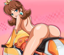 1girls ass ass_focus bimbo blush bubble_ass bubble_butt butt_focus dark_skin dat_ass exposed_torso female footwear handwear huge_ass human mario_(series) mario_kart motorcycle nintendo nude princess_daisy pussy sigurdhosenfeld tongue_out