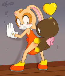 alternate_version_at_source anal anal_sex anthro ass bent_over blush chao_(sonic) chocola_the_chao clothing cream_the_rabbit cub dress duo excito eyelashes female flying footwear gag gagged gloves heart lagomorph male mammal panties penetration pussy rabbit sex shoes sonic_(series) standing straight tears underwear young