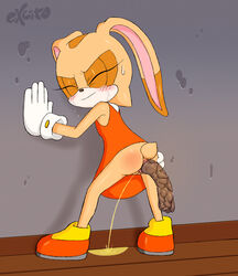 alternate_version_at_source anthro anus ass bent_over blush closed_eyes clothing cream_the_rabbit cub defecating dress excito eyelashes feces female footwear gloves lagomorph mammal peeing presenting pussy rabbit scat shoes solo sonic_(series) spread_anus spreading standing sweat tears urine young