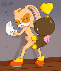 alternate_version_at_source ambiguous_penetration anthro bent_over blush chao_(sonic) chocola_the_chao clothing cream_the_rabbit cub dark_skin duo excito eyelashes female flat_chested flying footwear gloves heart lagomorph male mammal mostly_nude nipples open_mouth penetration rabbit sex shoes sonic_(series) standing stomach_bulge straight young