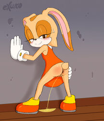 alternate_version_at_source anthro anus ass bent_over blush clothing cream_the_rabbit cub dress excito eyelashes female footwear gloves half-closed_eyes lagomorph looking_at_viewer looking_back mammal peeing presenting pussy rabbit shoes smile solo sonic_(series) spread_anus spreading standing sweat urine young