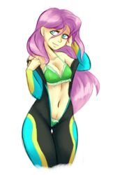 1girls ambris aqua_eyes bare_shoulders bikini blush bra cleavage collarbone equestria_girls female female_only fluttershy fluttershy_(eg) fluttershy_(mlp) friendship_is_magic green_bra green_panties hair_between_eyes hair_tucking half-closed_eyes head_tilt humanized light-skinned_female light_skin long_hair looking_at_viewer medium_breasts my_little_pony navel open_clothes open_shirt panties pink_hair smile solo solo_female standing straight_hair thigh_gap undressing very_long_hair wetsuit white_background