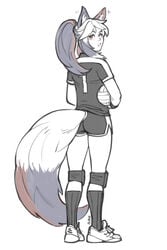 ball bbc-chan clothed female kemonomimi partially_colored ponytail shorts solo sports_uniform sportswear spot_color tail tied_hair volleyball volleyball_shorts volleyball_uniform