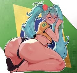 1girls ass big_ass big_breasts big_thighs bikini bottom_heavy brazil brazilian brazilian_female brazilian_miku breasts cyan_eyes cyan_hair feet female female_only fi_zz_ill gigantic_ass gigantic_thighs hatsune_miku huge_ass huge_thighs latin_american_hatsune_miku_(meme) long_hair looking_at_viewer pussy sandals shirt shorts solo sweat sweatdrop sweating tan tan_body thick_hips thick_thighs thighs thong twintails vocaloid yellow_shirt