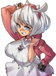 1girls absurdres ahoge arm_on_own_head blue_eyes bob_cut bracelet breasts collar commentary dress elphelt_valentine female guilty_gear guilty_gear_strive hairband hand_up highres huge_ahoge jacket jewelry large_breasts moxydrawsmore pink_collar pink_hairband pink_jacket short_dress short_hair sideboob smile solo spiked_bracelet spiked_collar spiked_hairband spiked_jacket spikes upper_body white_hair