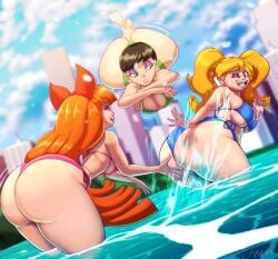 3girls aged_up ass big_ass bikini black_hair blonde_hair blossom_(powerpuff_girls) bottom_heavy breasts bubble_butt bubbles_(powerpuff_girls) buttercup_(powerpuff_girls) city cloud dat_ass fat_ass female female_only floating huge_ass lake large_ass light-skinned_female light_skin massive_ass n-kosi n-kosi_(coloring) orange_hair outdoors playful playing png powerpuff_girls sisters sky splashing splashing_water swimsuit thick_ass thick_thighs water wide_hips