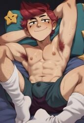 1boy ai_generated armpit_hair armpits arms_behind_head bara big_bulge blush brawl_stars breasts bulge bulge_through_clothing chester_(brawl_stars) erection_under_clothes eye_makeup gay looking_at_viewer male male_only nipples pillow red_hair redhead relaxed smile smiling smirk smirking socks solo solo_male stuffed_toy sweat sweatdrop sweating sweaty thighs underwear wet_clothes wet_skin