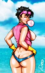 asian_female ass big_breasts breasts bronxboy79 earrings gloves jubilation_lee jubilee looking_at_viewer looking_back marvel marvel_comics ocean_background pulled_down_top shirt sunglasses sunglasses_on_head thong x-men