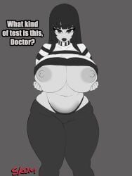 1girls big_breasts black_hair black_lipstick clothing goth looking_at_viewer oc skom_(artist) solo striped_shirt thick_thighs thong