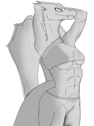 abs anthro big_breasts breasts charizard clothed clothing digital_media_(artwork) dragon fangs female generation_1_pokemon hi_res hybrid interspecies membrane_(anatomy) membranous_wings monochrome muscular muscular_female nodrazid pokemon pokemon_(species) scalie simple_background sketch smile solo tagme tail teeth wings