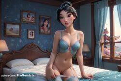 1girls ai_generated artist_name bed bedroom black_hair blue_bra blue_panties bow bra breasts cleavage cleft_of_venus curtains disney disney_princess fa_mulan garter_belt garter_straps hair_bun hair_ornament hi_res indoors lamp lingerie lips looking_at_viewer medium_breasts mulan mulan_(1998_film) navel nose on_bed panties panty_pull parted_lips patreon_username pillow progenarts pussy short_hair single_hair_bun sitting solo thighhighs uncensored underwear underwear_only watermark web_address window