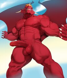 abs anthro areola balls barazoku biceps bonpyre claws cocky dragon erection horn humanoid_hands humanoid_penis justmegabenewell looking_at_viewer looking_down low-angle_view male male_only manly muscular muscular_male navel nipples nude outside pecs penis perineal_raphe red_balls red_eyes red_penis red_skin sarenthestalwart scalie sharp_claws sharp_teeth sky smile solo solo_male standing teeth thick_thighs triceps uncut undersack western_dragon wing_boner wings