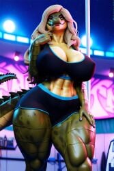 3d abs ai_generated athletic_wear blonde_hair breasts_bigger_than_head breasts_larger_than_head cleavage_overflow crocodile exposed_midriff eyeshadow female_only furry furry_female furry_only giant_breasts hands_on_hips long_hair looking_at_viewer majorfluffy mature_female midriff muscular_legs neon novelai reptile retrowave scalie scalie_female short_shorts smile tagme tank-top tank_top thick_thighs tight_clothes wide_hips yellow_eyes