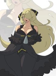 black_clothing blonde_female blonde_hair blonde_hair_female bra breasts breasts breasts_squeezed_together clothed clothed_female cynthia_(pokemon) disappointed leedraw11 mature_female mature_woman pokemon