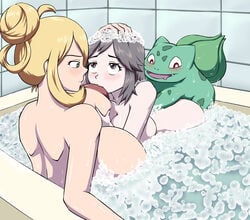 2girls age_difference ambiguous_gender anal anal_sex areolae back bath bathing bathtub big_breasts big_mouth blonde_hair blush bosomancer breast_hold breast_lift breast_sucking breasts brown_eyes brown_hair bubble bubble_bath bulbasaur cynthia_(pokemon) drooling eye_contact eyelashes fangs female green_eyes green_skin grey_eyes hair hair_bun hand_on_head height_difference holding holding_breast human implied_sex interspecies large_breasts leaf_(pokemon) long_hair looking_at_another looking_at_partner looking_down looking_up male nintendo open_mouth oral pokémon_(species) pokemon pokemon_dppt pokemon_frlg pokemon_rgby pokemon_trainer pokephilia ponytail puffy_nipples red_eyes saliva scalie scrubbing sitting smile sucking threesome tongue water wet yuri